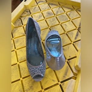 Adrianna Papell Silver Beaded Peeptoe Heels